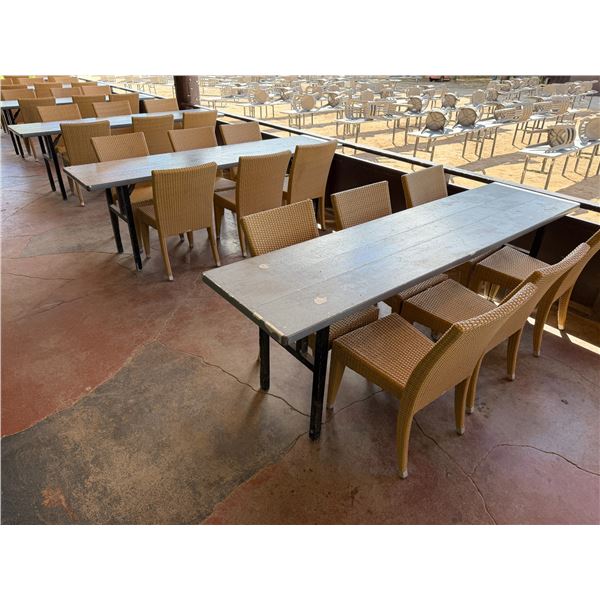 Qty 3 Long Tables 95" x 24" x 29"H & 18 GAR Woven Chairs 17" x 16" x 37"H
