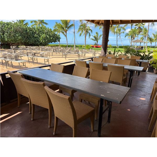 Qty 3 Long Tables 95" x 24" x 29"H & 18 GAR Woven Chairs 17" x 16" x 37"H