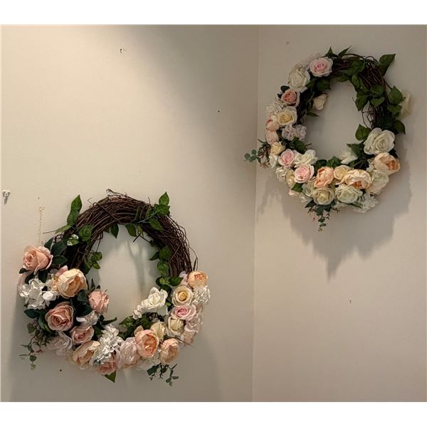 Qty 2 Artificial Grapevine Wreathes w/ Faux Flowers & Leaves 23" Dia