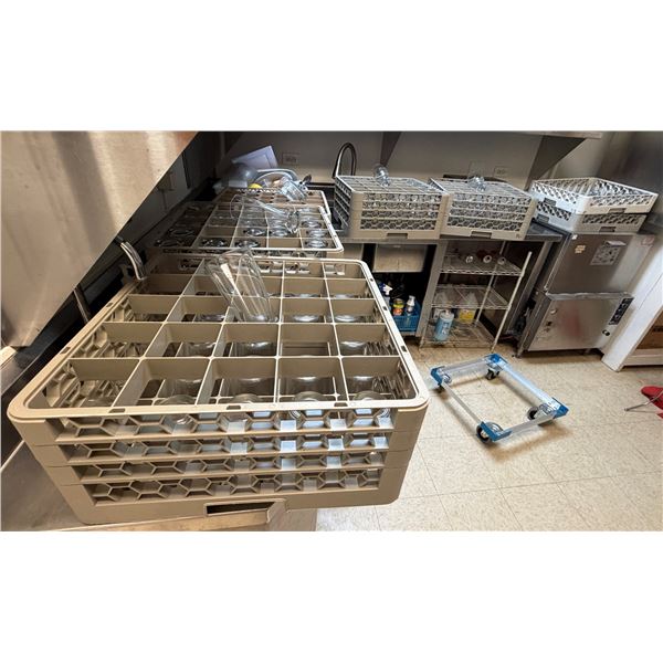 Qty 6 Plastic Glass Dishwasher Racks w/ Misc Glassware