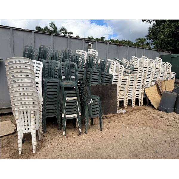 Multiple Green & White Plastic Stacking Chairs