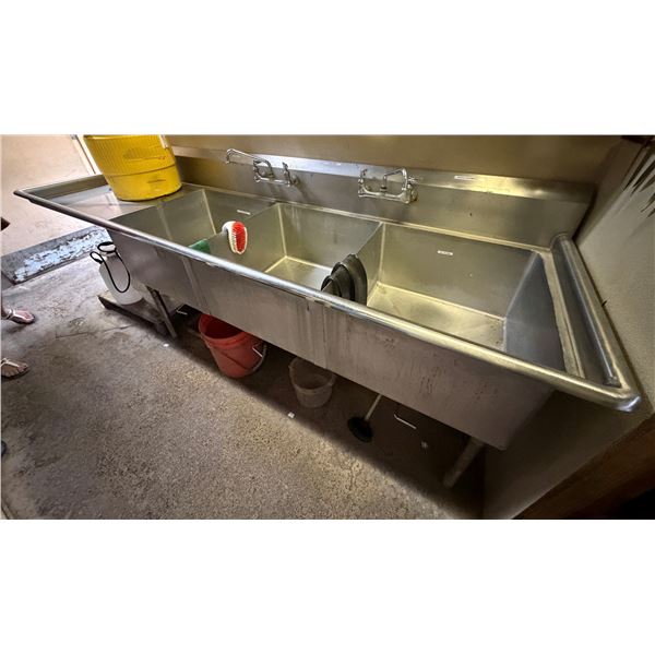 Metal Triple-Basin Double-Faucet Sink w/ Drainboard (contents not included)