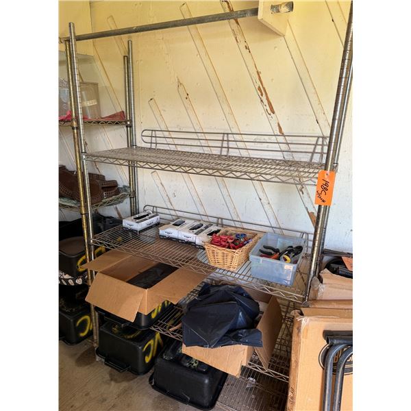 Metal Adjustable Shelf & Contents: Scissors, Gloves, Bags, etc