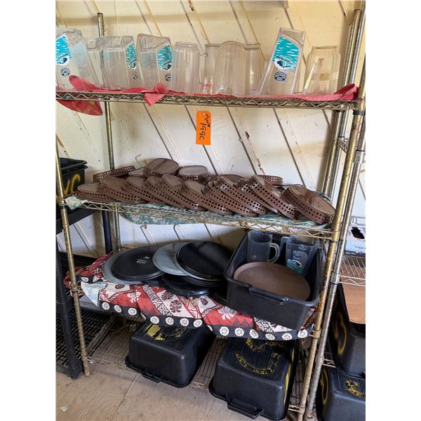 Metal Adjustable Shelf & Contents: Pitchers, Trays, Bins, etc