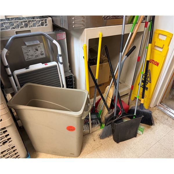 Multiple Cleaning Supplies: Brooms, Dust Pans, Waste Basket, Step Ladder, etc