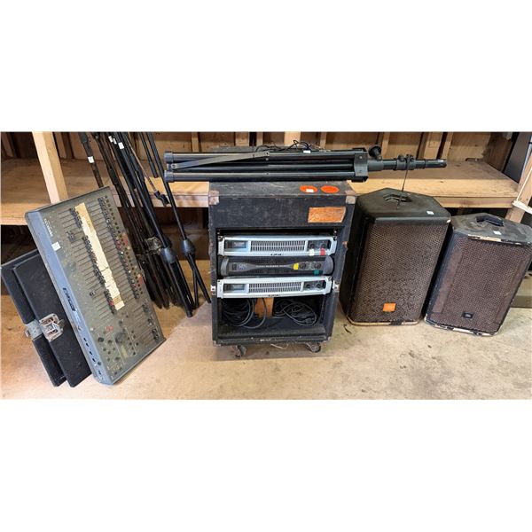 Qty 2 JBL STX800 Speakers, QSC PLX2502 Amplifiers, Leprecon LP-1524 Console, On-Stage Mic Stands, et