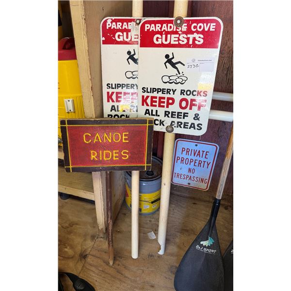 Canoe Rides Sign w/ Caution & No Trespassing Signs