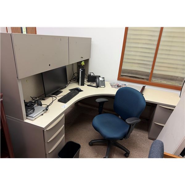 Curved Desk w/ Hutch, 5 Drawers 80" x 24" x  72" & Rolling Chair (contents not included)