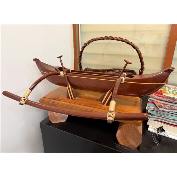 Carved Wooden Outrigger Canoe Structure on Wooden Base 18"L