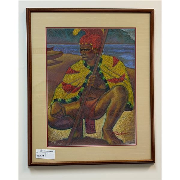 Hawaiian Warrior Artwork by Artist Pooloa, Framed & Matted 27" x 33"