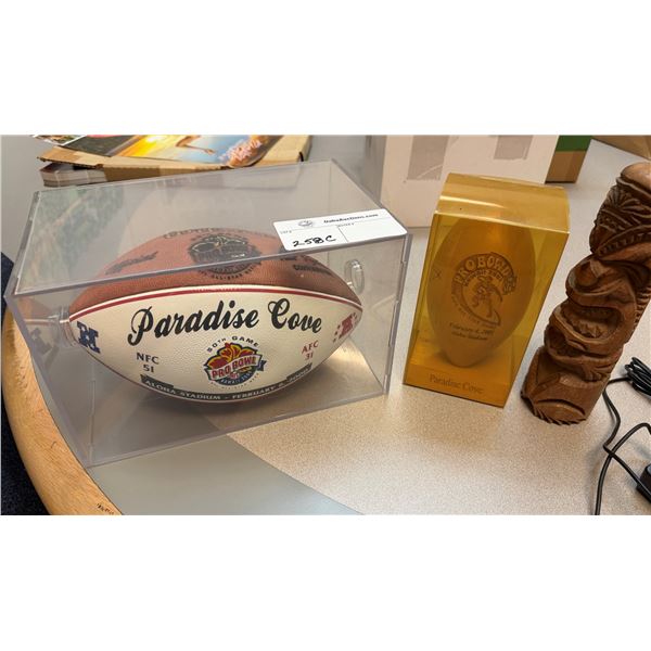 Paradise Cove Pro Bowl 2000 & 2001 Souvenir Footballs in Display Cases & Carved Tiki
