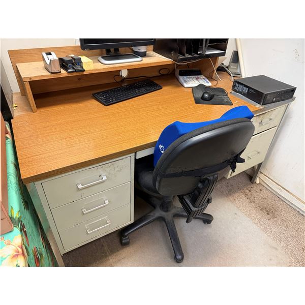 Metal Desk w/ Wood Top & Hutch w/ 5-Drawers & Rolling Chair (contents not included)