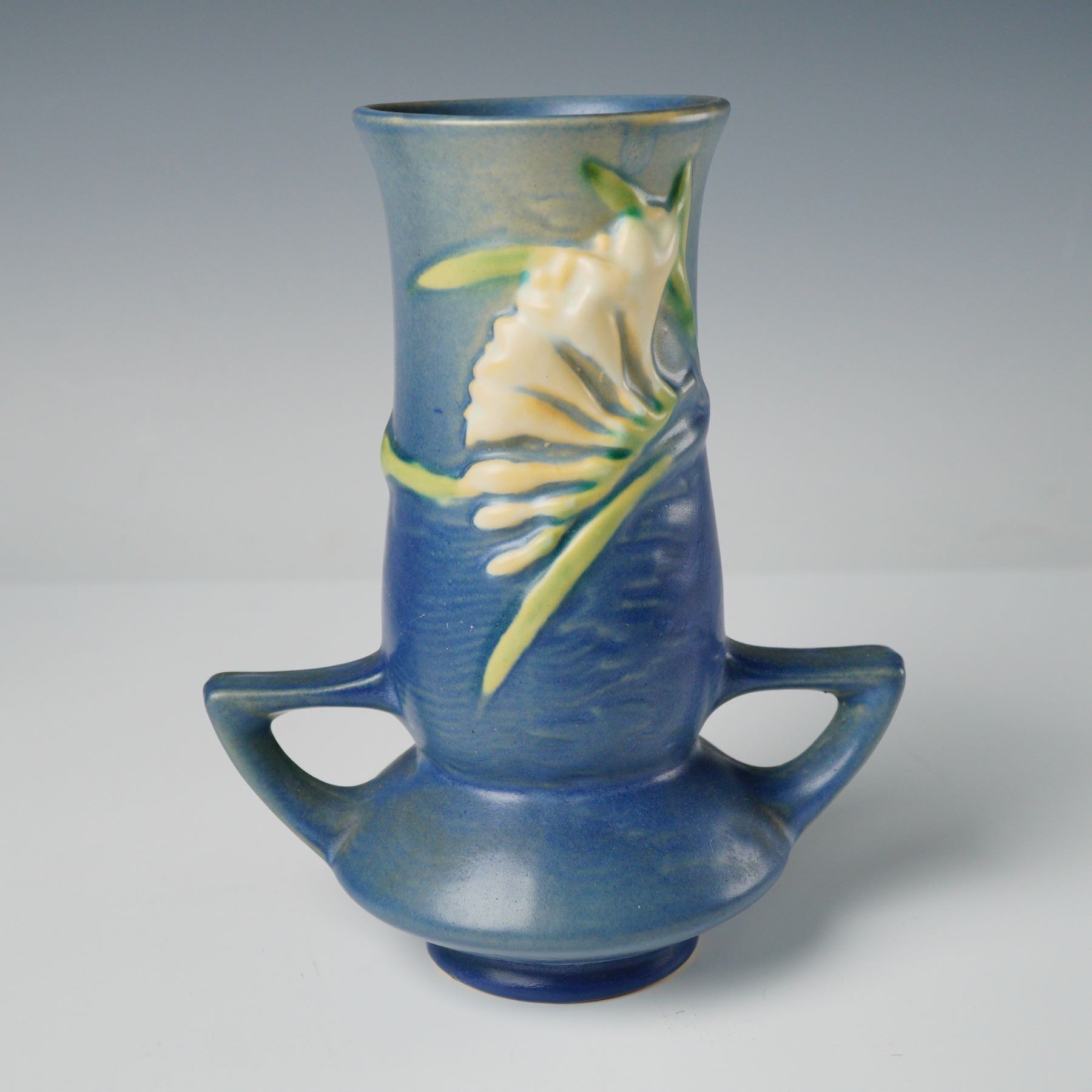 Roseville Pottery Freesia Pattern Handled Vase Delft Blue