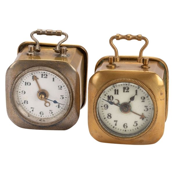 Pair Brass Travel Alarm Clocks, French & German