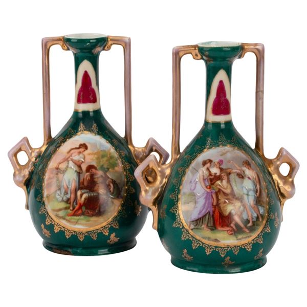 Pair Royal Vienna Austria Portrait Handled Vases