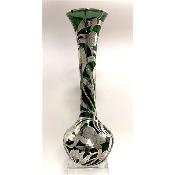 Art Nouveau Silver Overlay Emerald Glass Vase