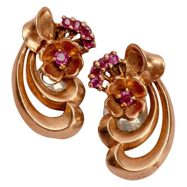 Retro 14K Rose Gold Flower Ribbon Ruby Ear Clips