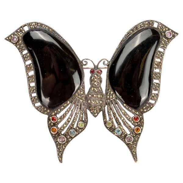 Sterling Onyx Jeweled Figural Butterfly Brooch