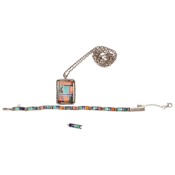 Signed Sterling Navajo Inlaid Jewelry Lot