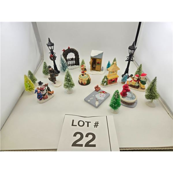 ASSORTED CHRISTMAS VILLAGE FIGURINES AND ACCESSORIES
