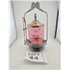 Image 1 : VICTORIAN SILVERPLATE PICKLE CASTOR WITH HAND-PAINTED PINK GLASS INSERT AND TONGS