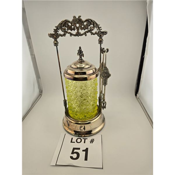 ANTIQUE YELLOW-GREEN PRESSED GLASS PICKLE CASTOR WITH SILVERPLATE FRAME AND TONGS