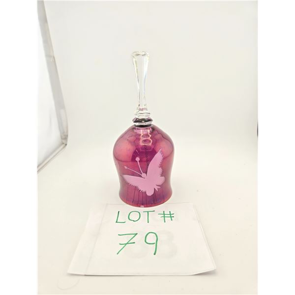 PURPLE ART GLASS BELL WITH ETCHED BUTTERFLY