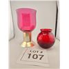 Image 1 : TWO CRANBERRY GLASS DECORATIVE VASES WITH GILT ACCENTS