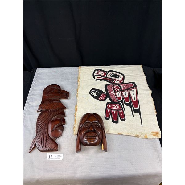 2 Nicely Carved and Signed West Coast Native Carvings Both Have a Small Chip, + Native Cloth Print