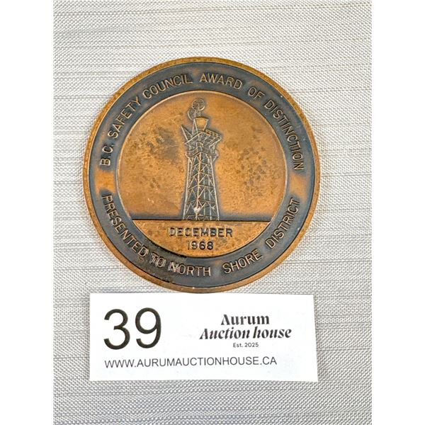 Rare 1968 BC Tel Safety Award, North Shore Vancouver Medal, Approx 3" Diameter