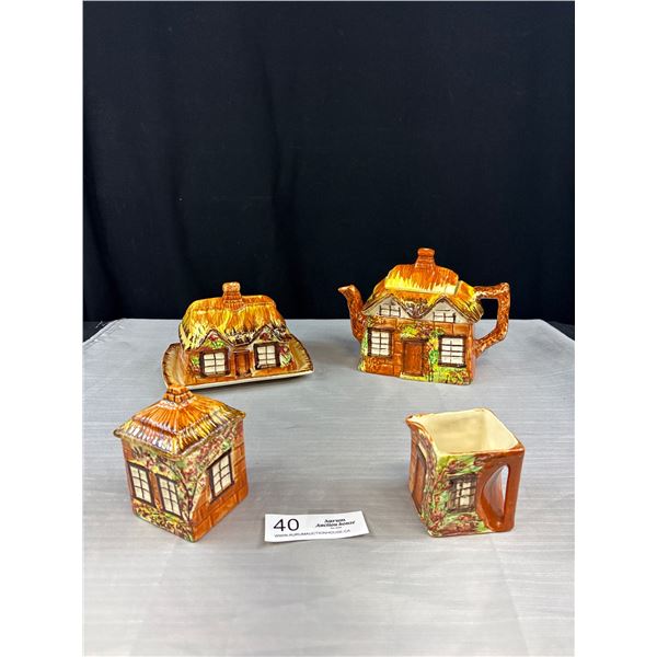 7 Pc's 1930's Price Bros. Cottage Ware "Ye Olde Cottage" Creamer, Teapot, Sugar, Butter Dish, Made i