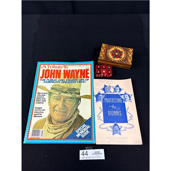 Vintage 6 Silver Slipper & Bob Stupacks Vegas World Dice in Wood Case w/ John Wayne Magazine & Dionn