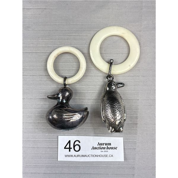 2 Vintage Penguin & Duck Baby Rattles. Both Metal