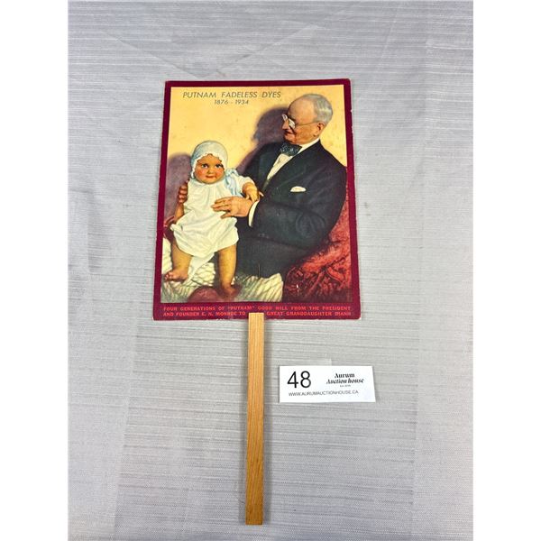 1940's Putnam Dyes Hand Fan, Double Sided Graphics Approx 14" Long