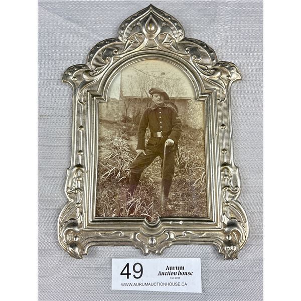 1920's Embossed Metal Picture Frame of Veteran Soldier Approx 6" x 9"