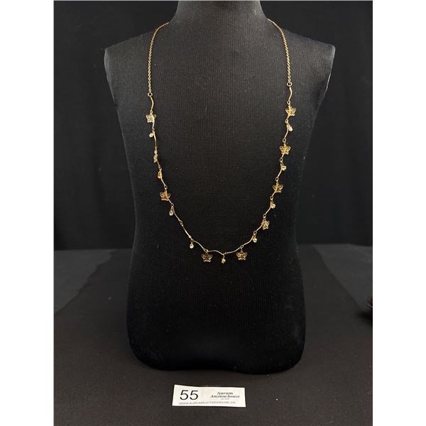 Beautiful Dainty Gold Plated Necklace w/ Butterflies + Rhinestones Set Charms, Length Adjustable Fro