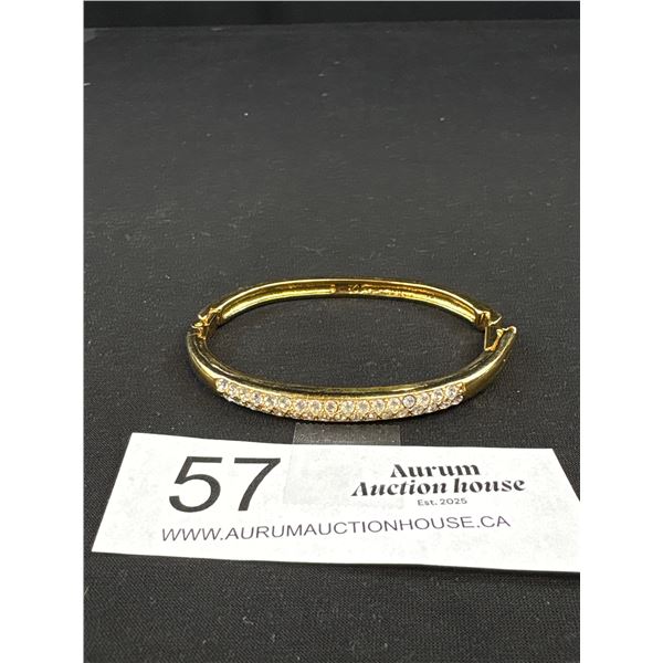 Gorgeous Gold w/ Rhinestones Hinged Bangle, Marked Swarovski © Swan