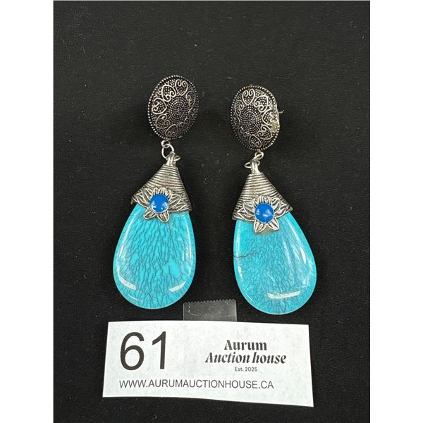 Vintage Pair of Silver Turquoise Colour Stones Dangle Earrings