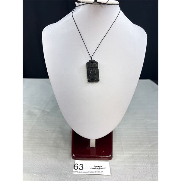 Signed First Nation Black Stone Pendant w/ Black Cord Necklace