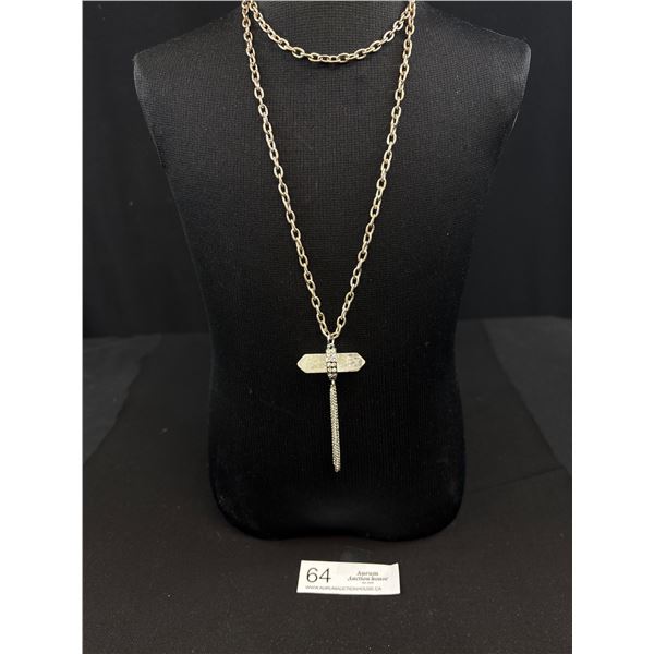 Long Silver Tone Chain w/ Rhinestones Decorated Rock Crystal Stone Pendant Necklace