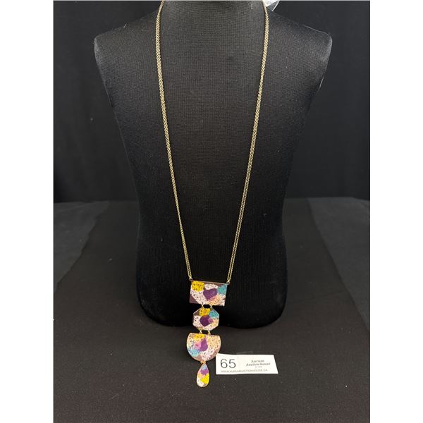 Very Nice Hand Painted Enamel Pendant w/ Chain Necklace, Possible Vintage