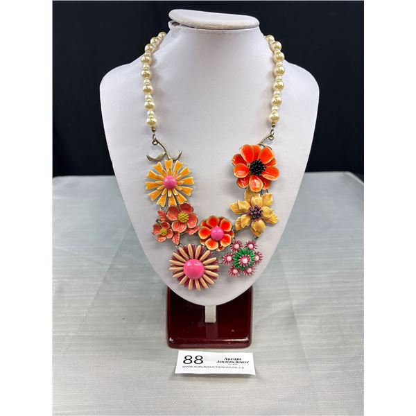 Vintage Enamel Flower w/ Faux Pearl Necklace