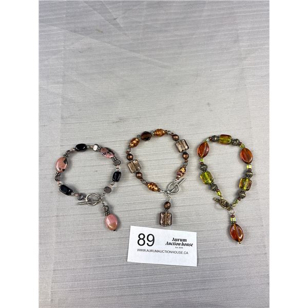3 Silver w/ Stone + Glass Beads Bracelets