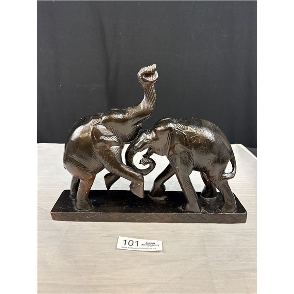Large Hand Carved Wood Ornament, 2 Elephant Playing, 13 Inches Length, 16" Height