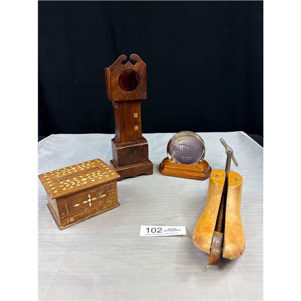 4 Pcs Vintage Wood Items, 1939 White Bear BC Souviner, Clock, Shoe Stretcher, Wood Cigarette Dispens