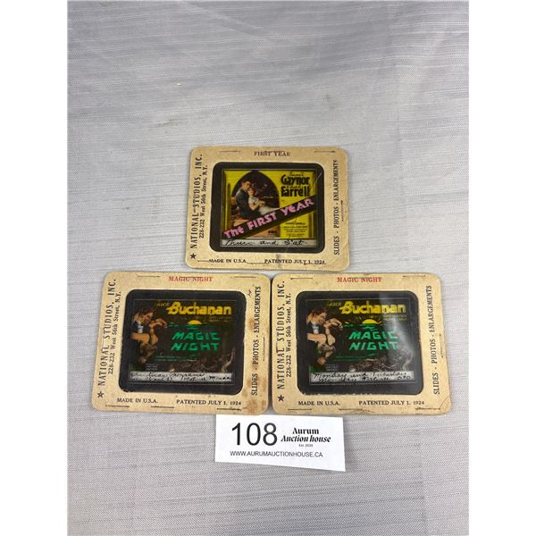 3 - 1924 Glass Movie Slides, Colour Advertisement For Movie Theatres, Hard to Find