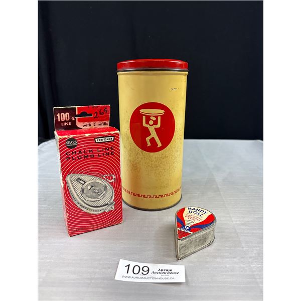 3 Pcs Vintage Tin, Chalkline Tape + Handy Roll Tape