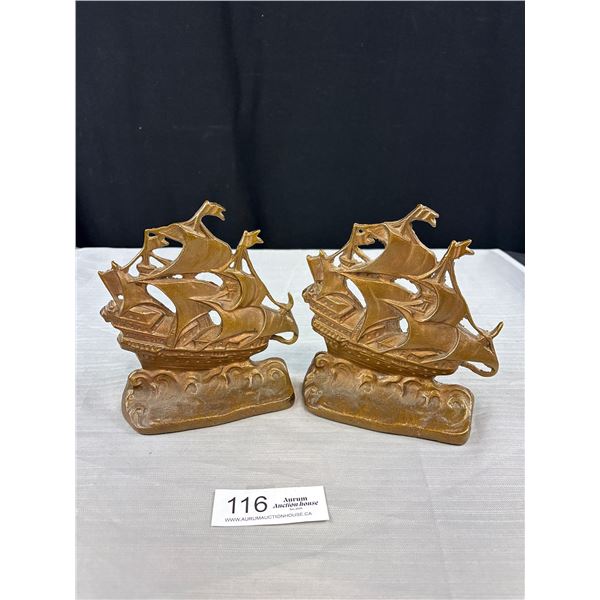 Pair of 1920's Solid Brass "Old Ironsides" Ships Bookends, Each Approx 6 1/2" Tall