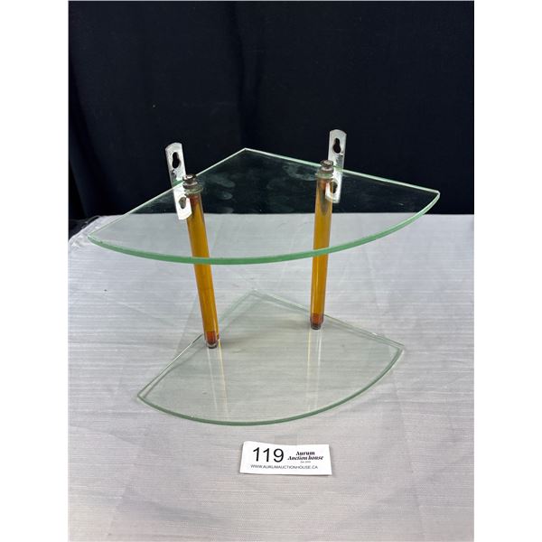 Rare 1920's Glass Corner Shelf, Very Nice Amber Glass Posts, Approx 7"x 8" x 10"