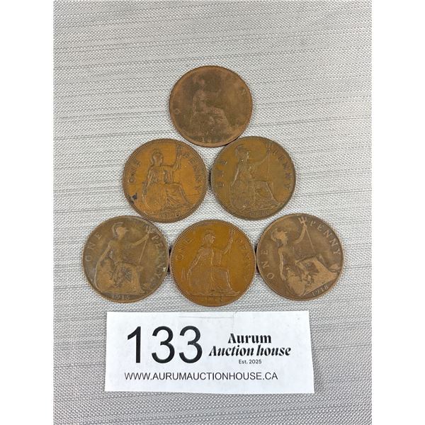 5 Large British Copper Pennies Oldest is 1893